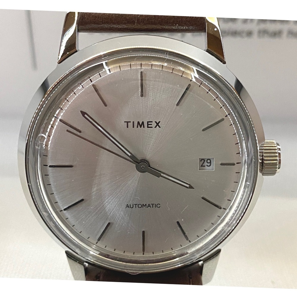 Timex Marlin Automatic Mens Watch Silver Dial Brown Leather TW2T22700 40mm